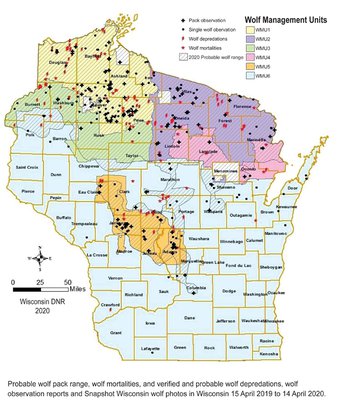 Map of where wolves are in Wisconsin