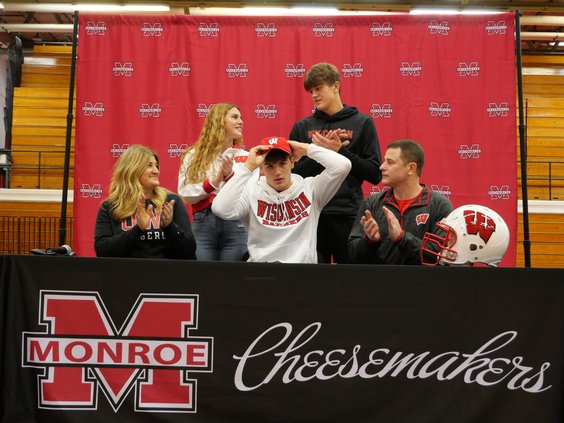 Monroe senior JT Seagreaves signed his National Letter of Intent to play college football for the Wisconsin Badgers Dec. 16 in a ceremony at the Monroe High School gymnasium. He is the first Monroe football player to play for the Badgers in over 20 years.