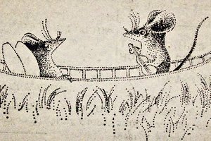 Mice paddling a canoe
