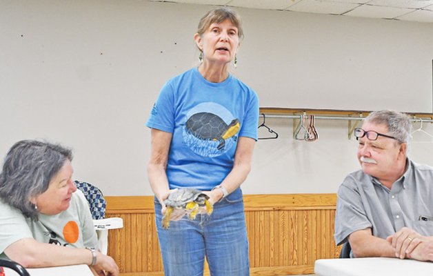 Rebecca Cristoffel displays turtle to audience
