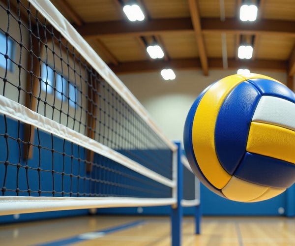 Generic volleyball flying over net in gymnasium