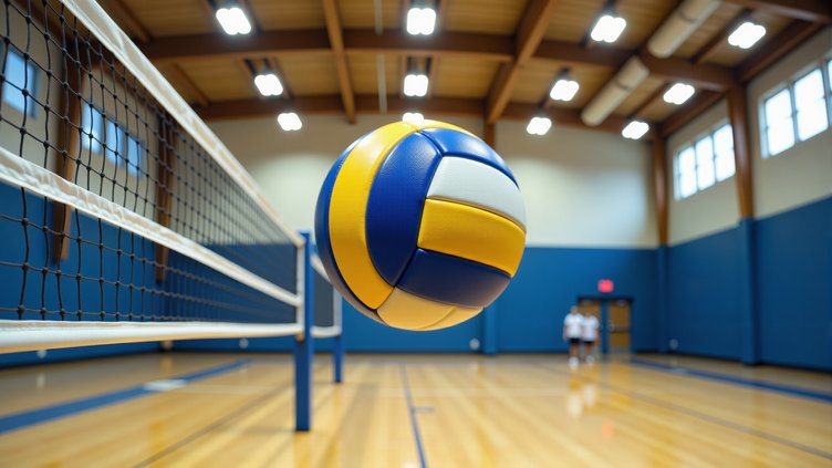 Generic volleyball flying over net in gymnasium