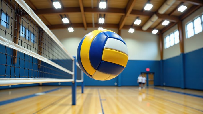 Generic volleyball flying over net in gymnasium